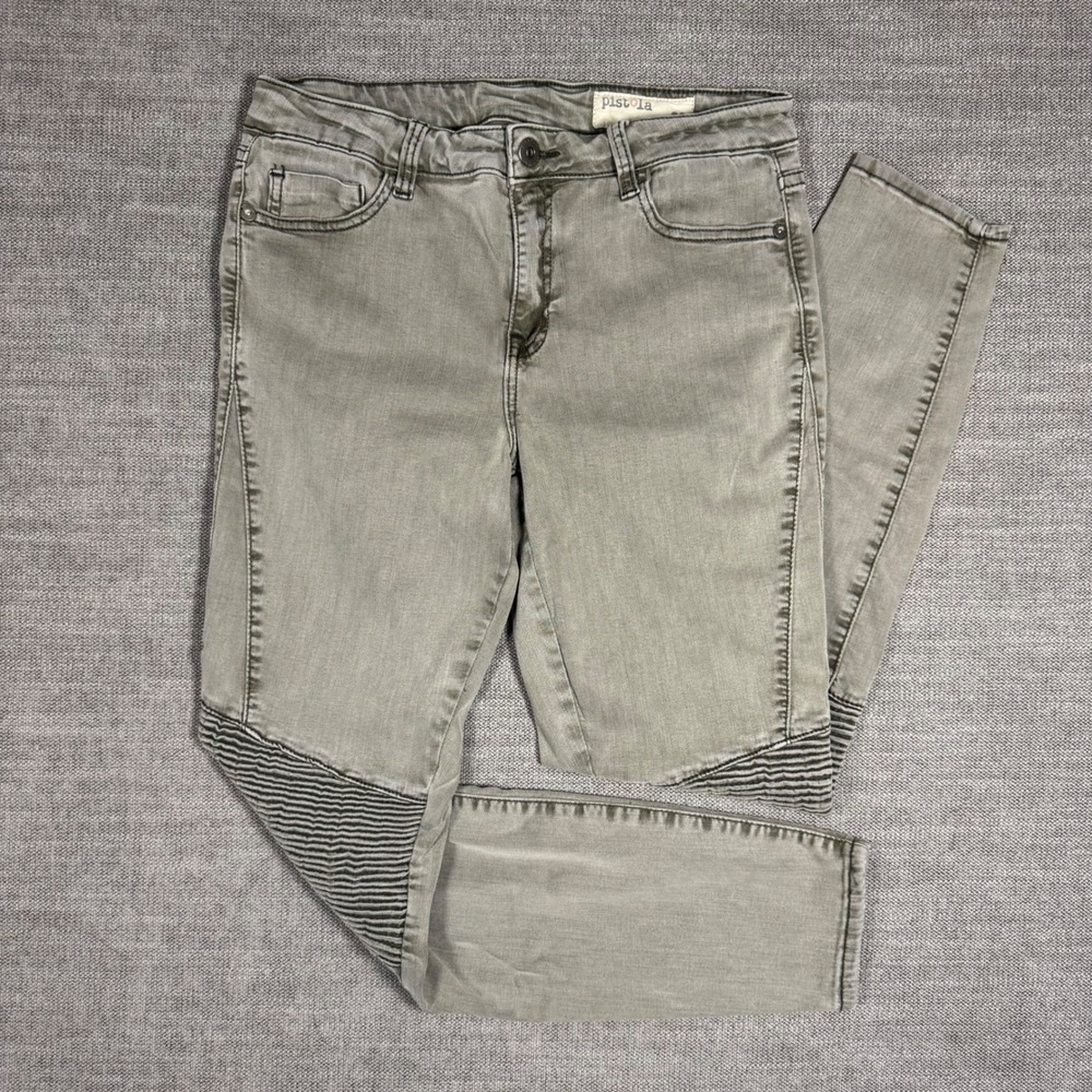 Pistola Audrey Moto Skinny Jeans 29 Olive Green Biker Ribbed‎ Knee Stretch Denim